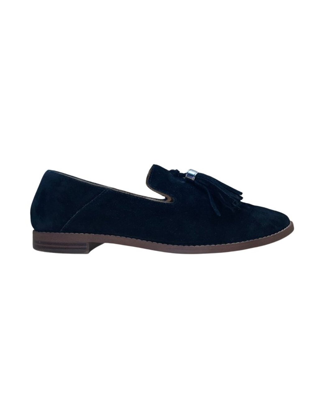 Franco Sarto Women’s Black Suede Silver Accent Tassel Loafers Size 8M